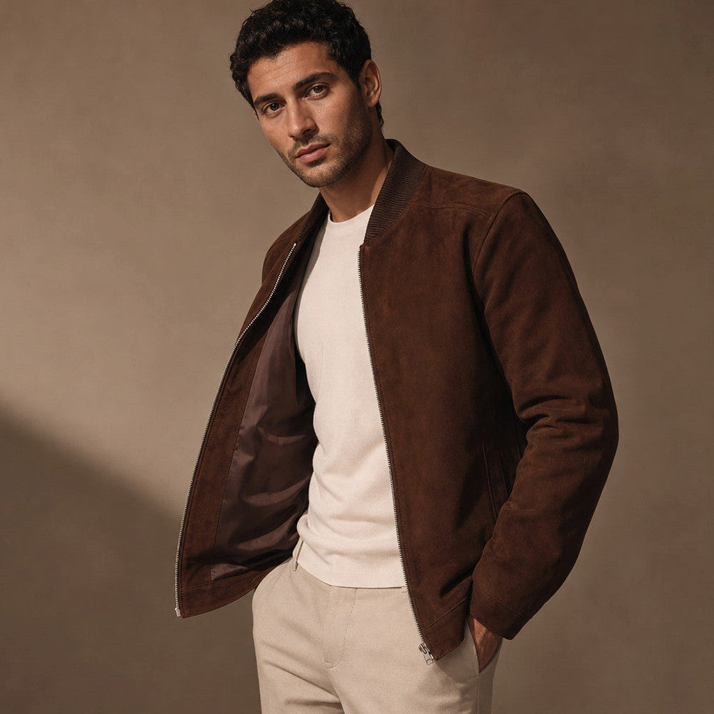 Merrick | Suede Bomber Jacket Rib-Knit Trim Dark Brown – Side Angle View