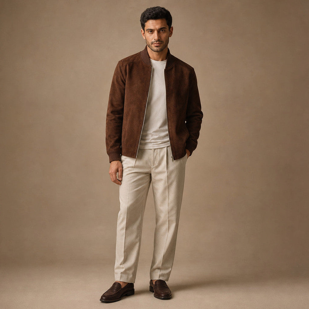 Merrick | Suede Bomber Jacket Rib-Knit Trim Dark Brown – Full Look