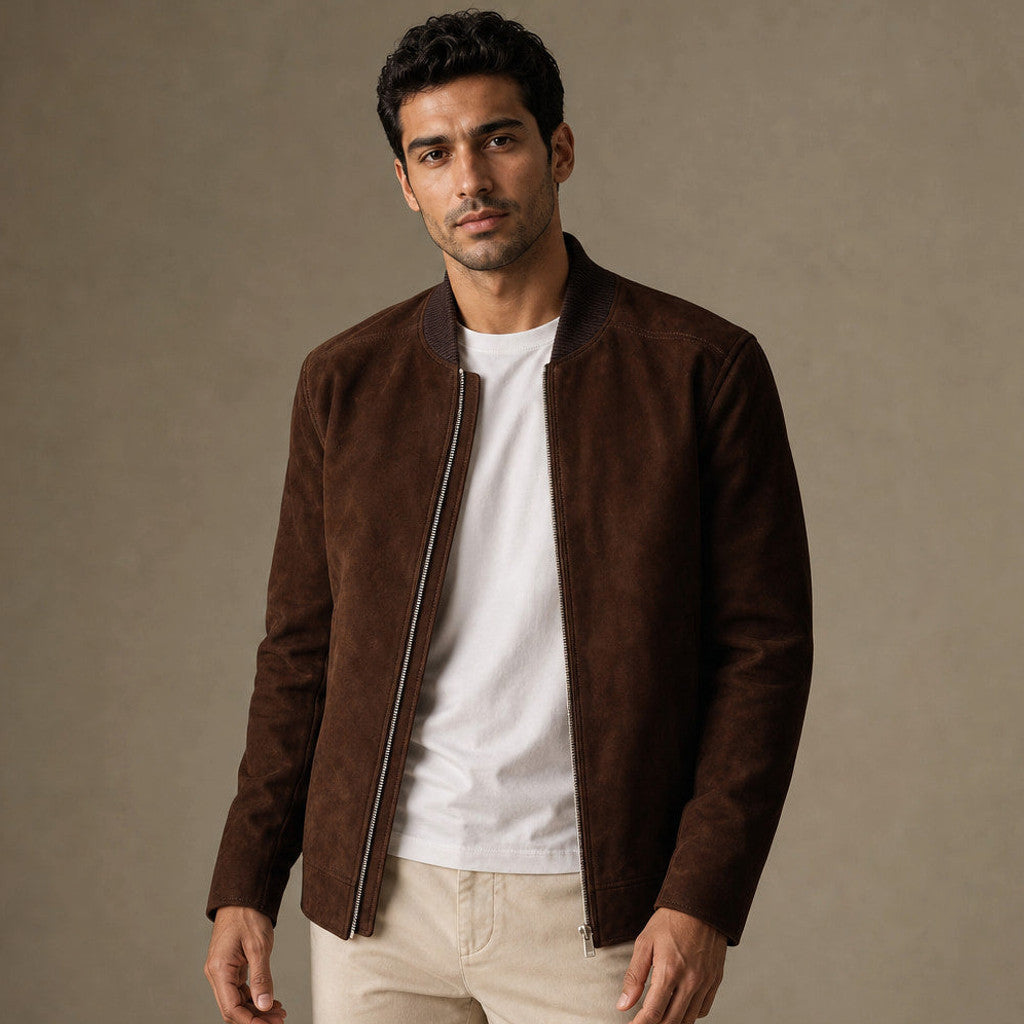 Merrick | Suede Bomber Jacket Rib-Knit Trim Dark Brown – Product Photo