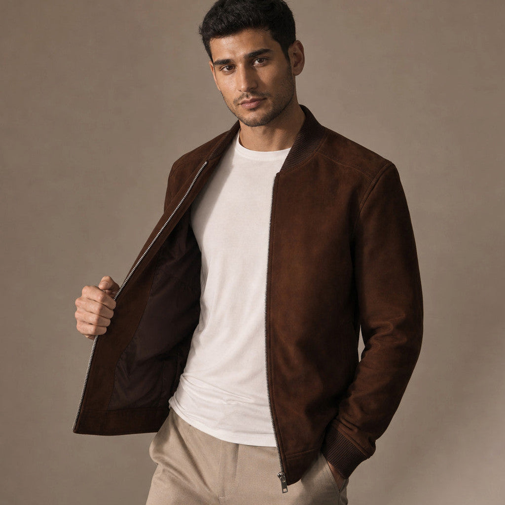 Merrick | Suede Bomber Jacket Rib-Knit Trim Dark Brown – Premium Editorial