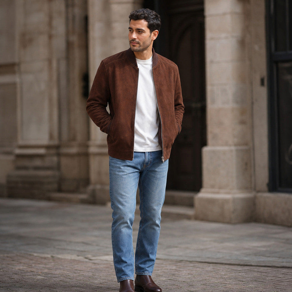 Merrick | Suede Bomber Jacket Rib-Knit Trim Dark Brown – Styled Editorial Shot