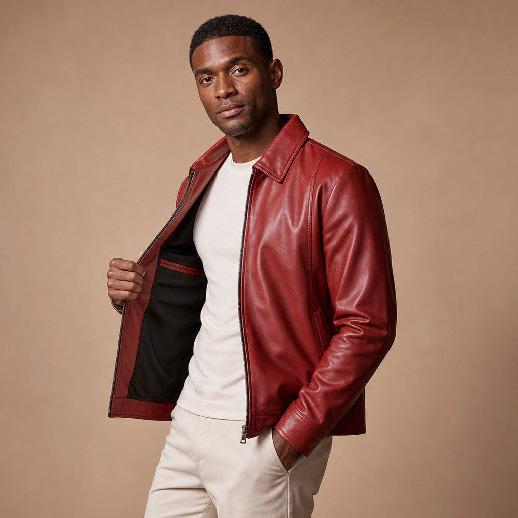 Merrow | Biker Jacket Snap Waist Brick Red – Side Angle View