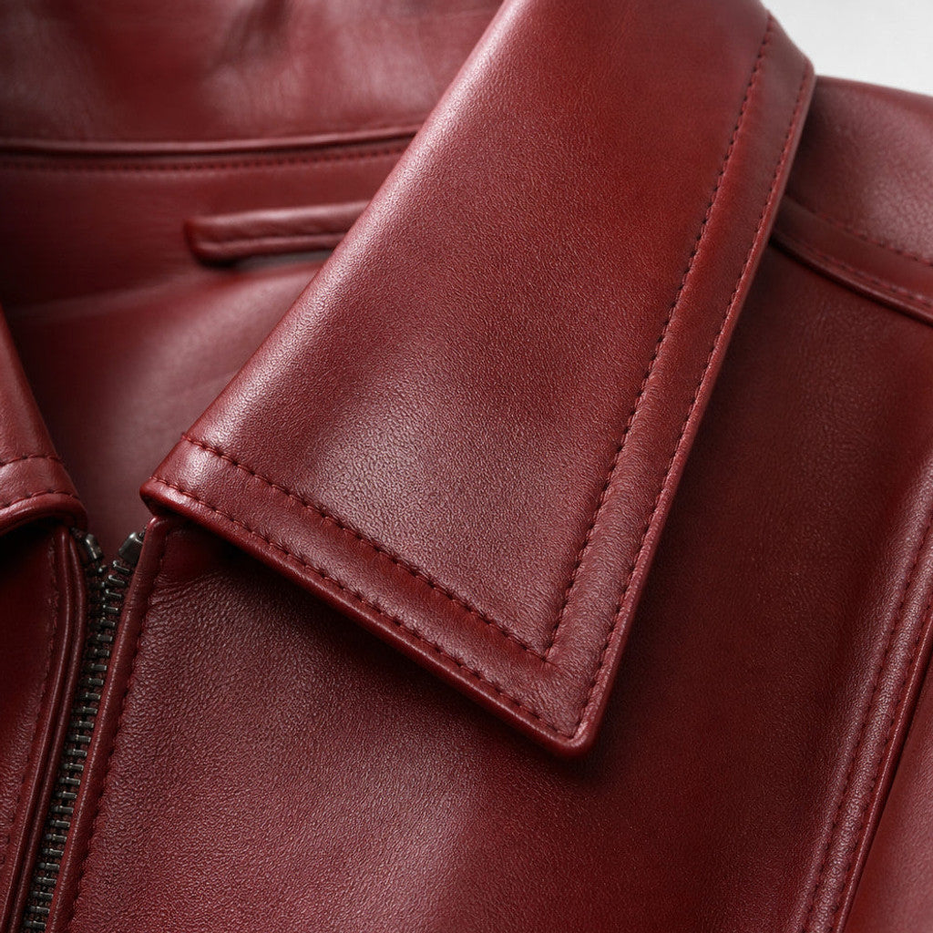 Merrow | Biker Jacket Snap Waist Brick Red – Fabric and Detail Close-Up