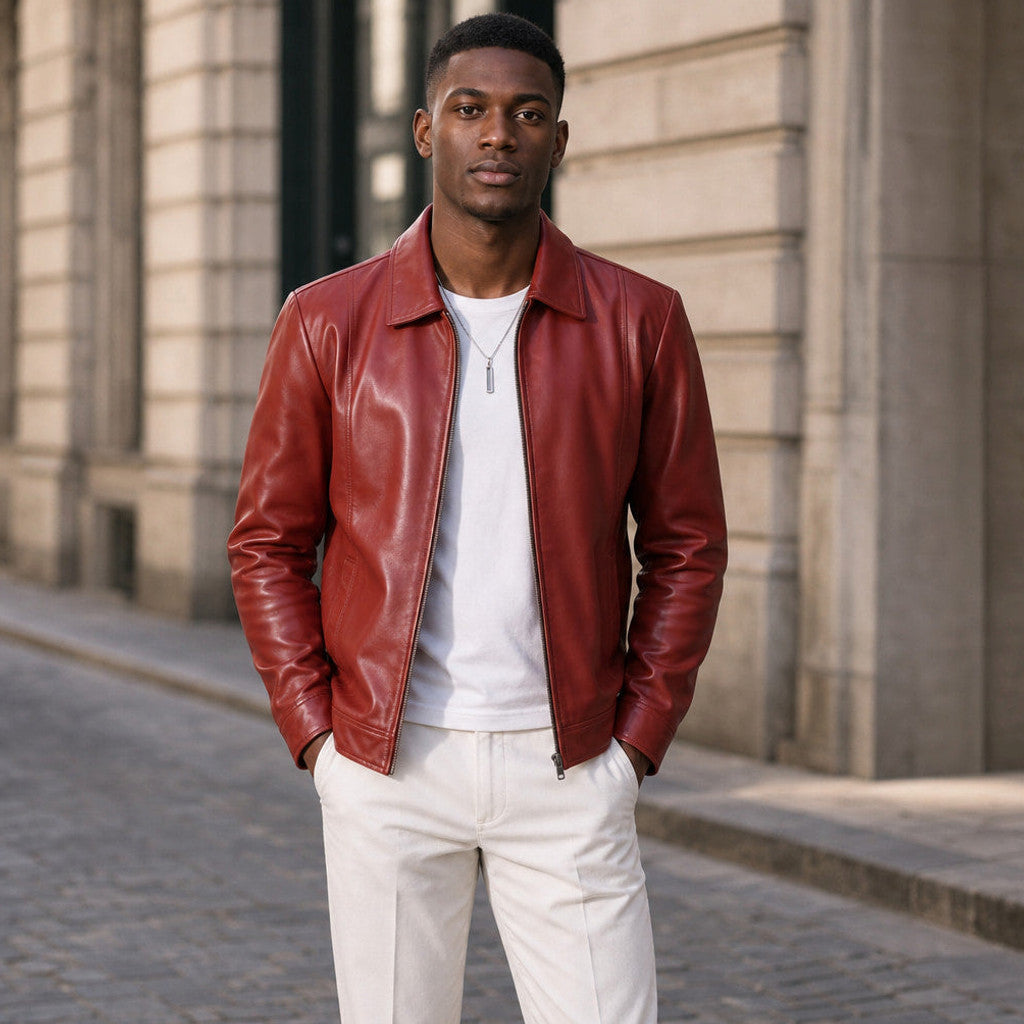 Merrow | Biker Jacket Snap Waist Brick Red – Styled Editorial Shot