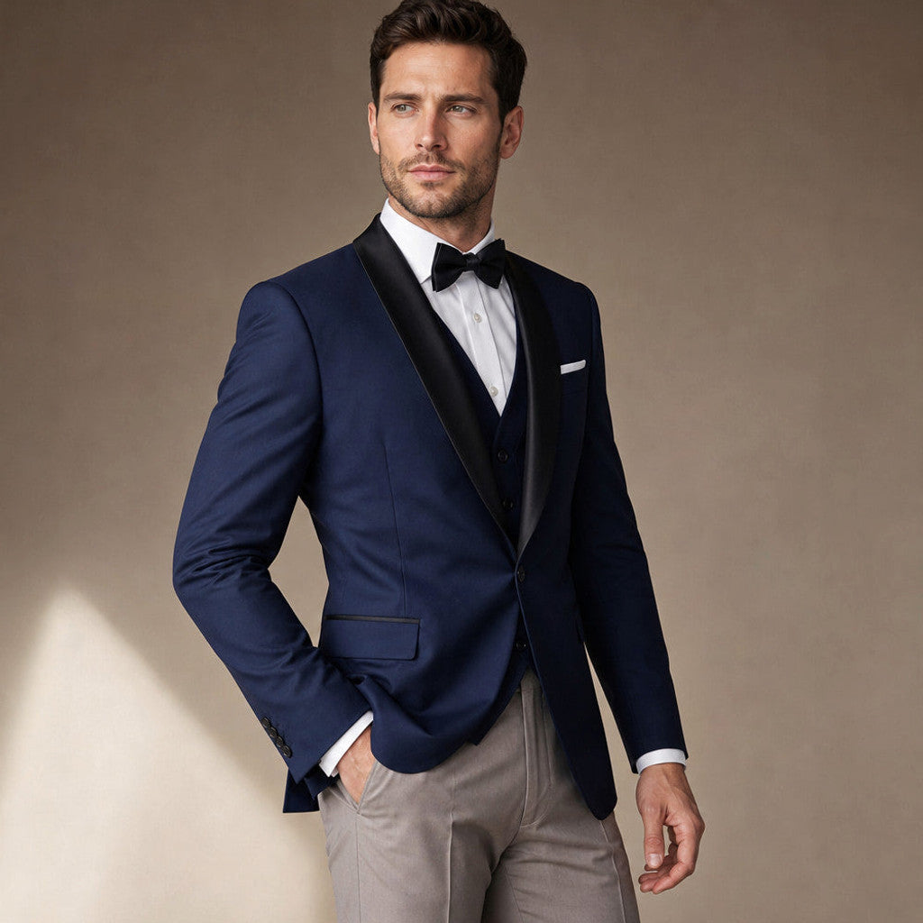 Merton | Dress Suit Shawl Collar Navy Blue / Navy – Side Angle View