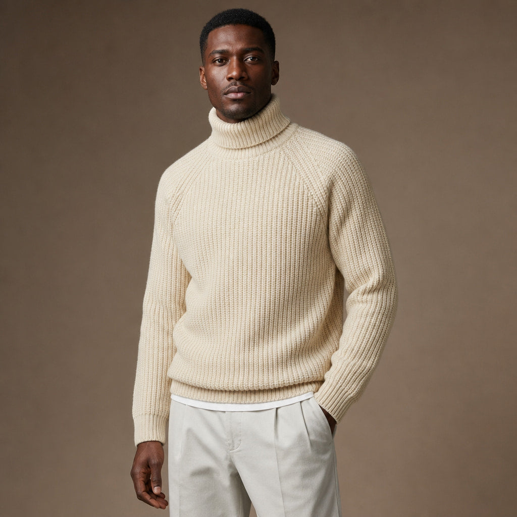 Turtleneck Jumper Ribbed Cuffs Beige Beige – Side Angle View