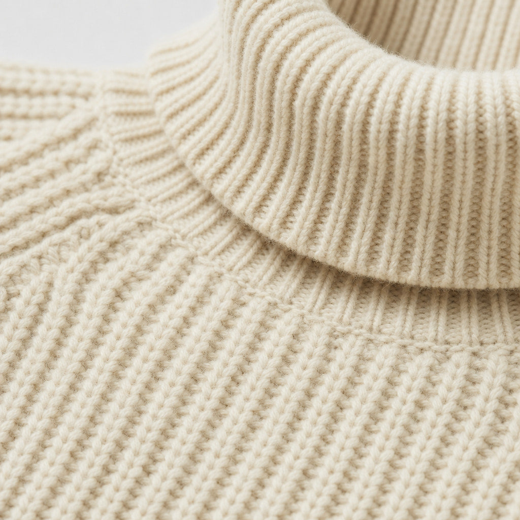 Turtleneck Jumper Ribbed Cuffs Beige Beige – Fabric and Detail Close-Up