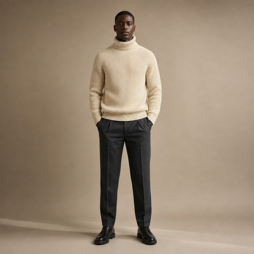 Turtleneck Jumper Ribbed Cuffs Beige Beige – Full Look