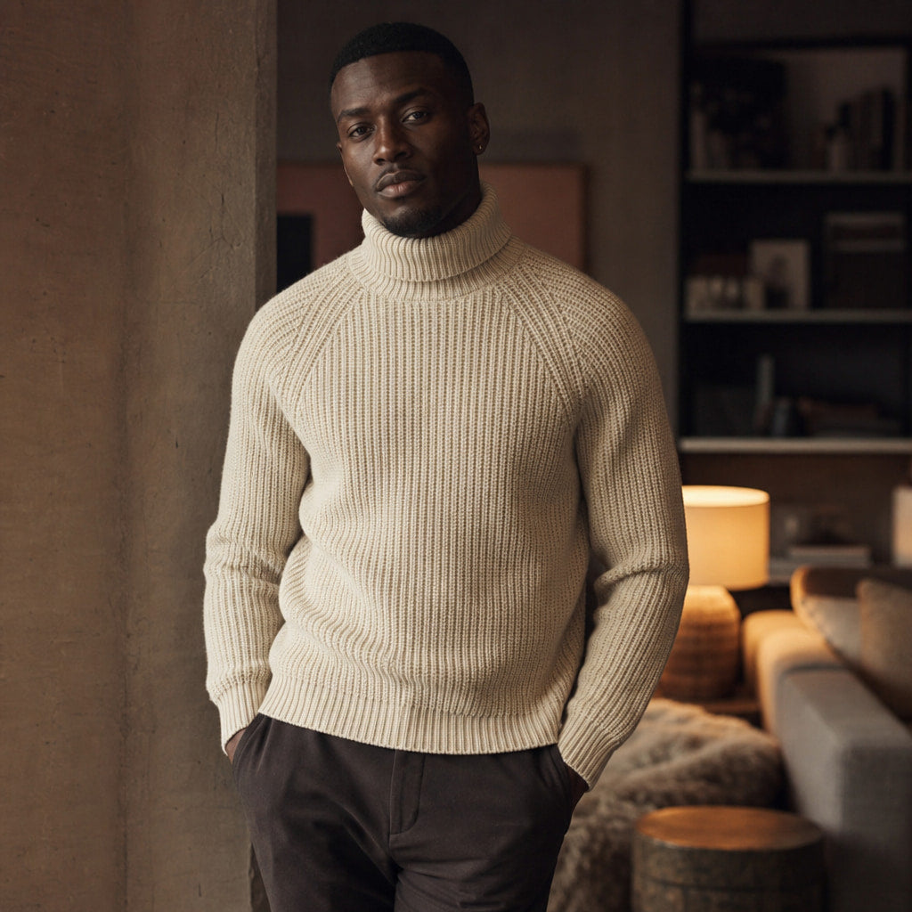 Turtleneck Jumper Ribbed Cuffs Beige Beige – Styled Editorial Shot