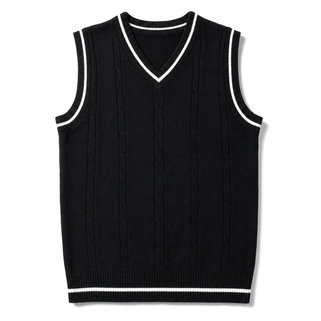Man wearing black patchwork knit vest over a collared shirt