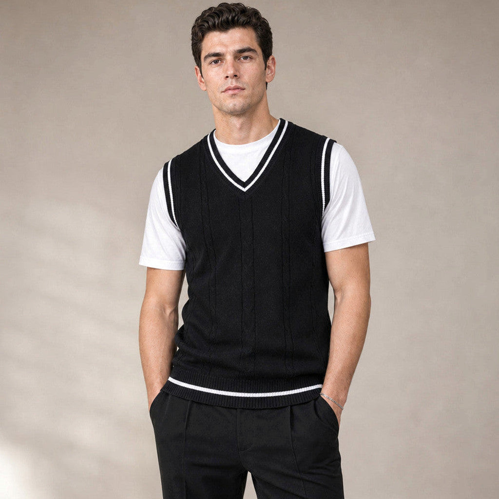 Black V-neck patchwork knit sweater vest, slim fit, front view