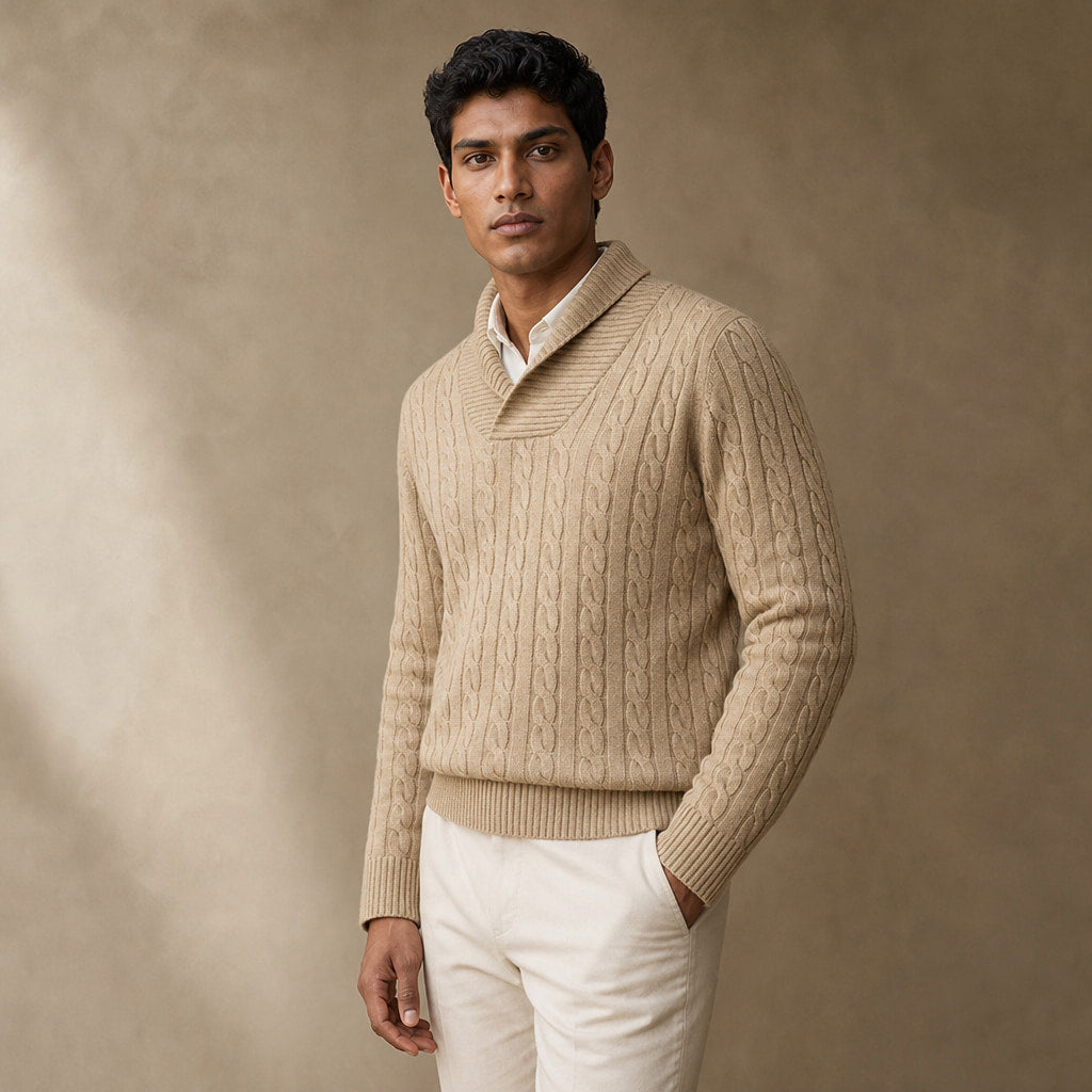 Cable Knit Jumper Shawl Collar Champagne Beige – Side Angle View