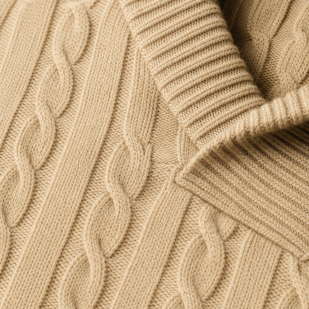 Cable Knit Jumper Shawl Collar Champagne Beige – Fabric and Detail Close-Up