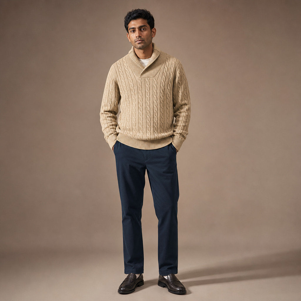 Cable Knit Jumper Shawl Collar Champagne Beige – Full Look
