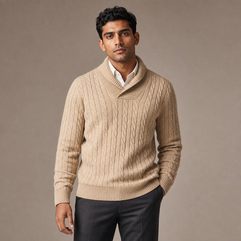 Cable Knit Jumper Shawl Collar Champagne Beige – Product Photo