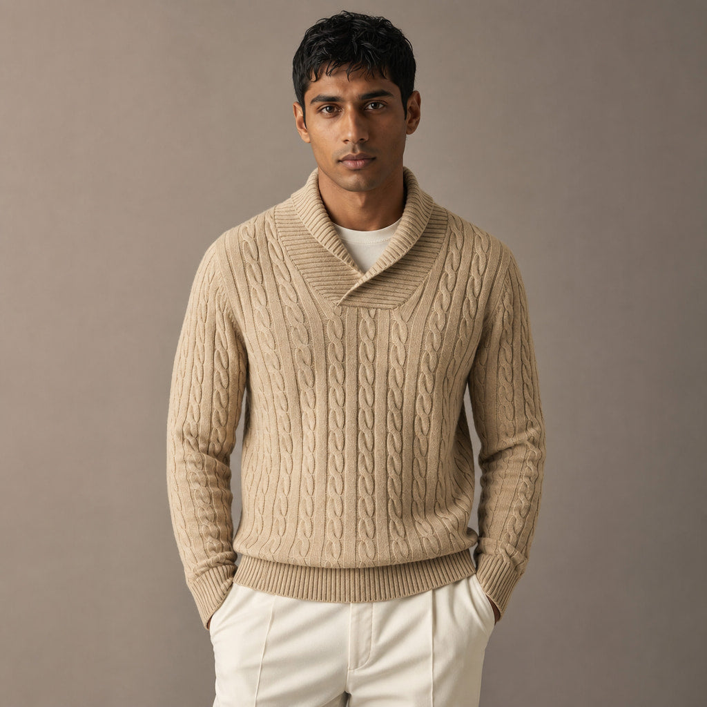 Cable Knit Jumper Shawl Collar in Champagne Beige – Tomosino Premium Menswear