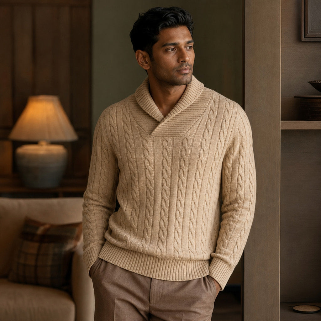 Cable Knit Jumper Shawl Collar Champagne Beige – Styled Editorial Shot