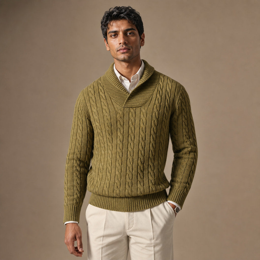Cable Knit Jumper Shawl Collar Olive Green – Product Photo