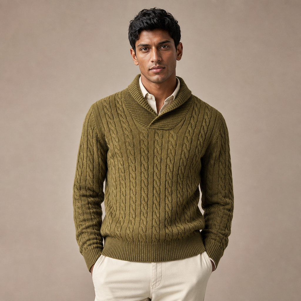 Cable Knit Jumper Shawl Collar in Olive Green – Tomosino Premium Menswear