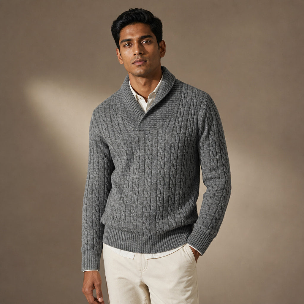 Cable Knit Jumper Shawl Collar Slate Grey – Product Photo
