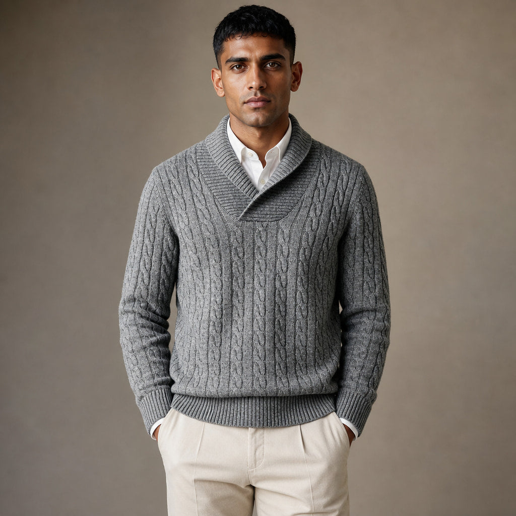 Cable Knit Jumper Shawl Collar in Slate Grey – Tomosino Premium Menswear
