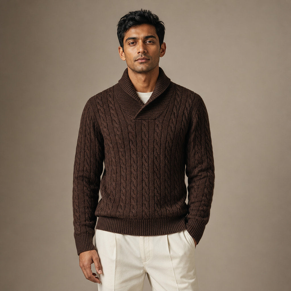 Cable Knit Jumper Shawl Collar Truffle Brown – Product Photo
