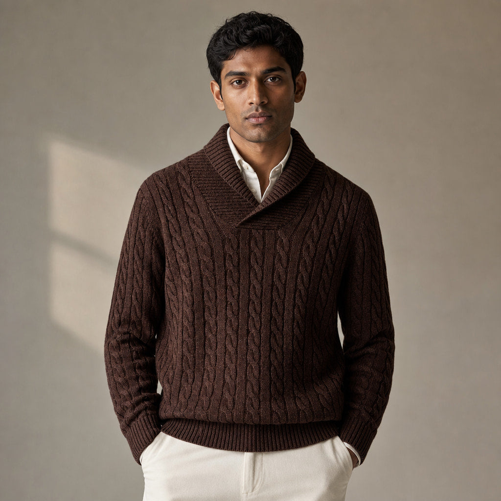 Cable Knit Jumper Shawl Collar in Truffle Brown – Tomosino Premium Menswear