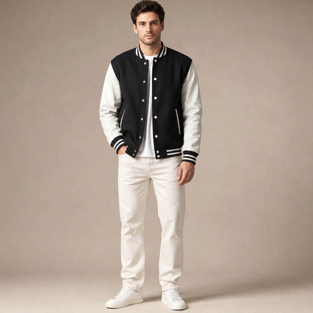 Moorfield | Varsity Jacket Leather Sleeves Black – Product Photo