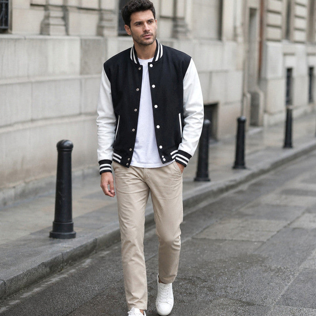 Moorfield | Varsity Jacket Leather Sleeves Black – Product Photo