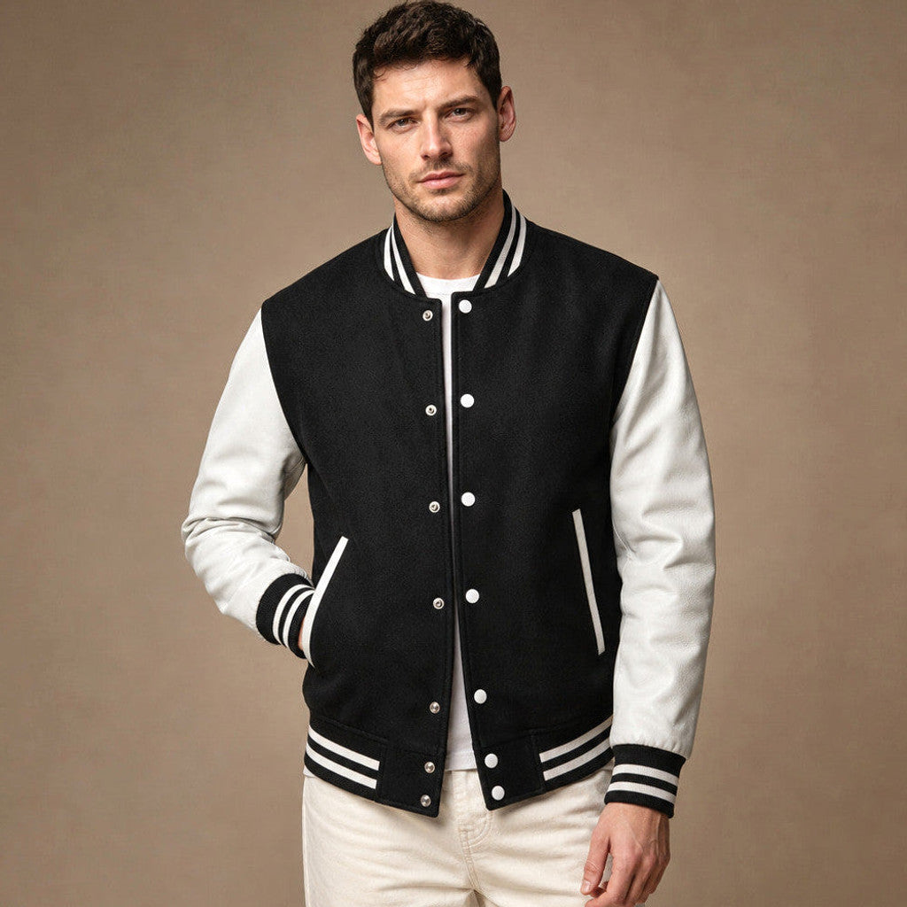 Black varsity jacket with leather sleeves and ribbed trims, front view