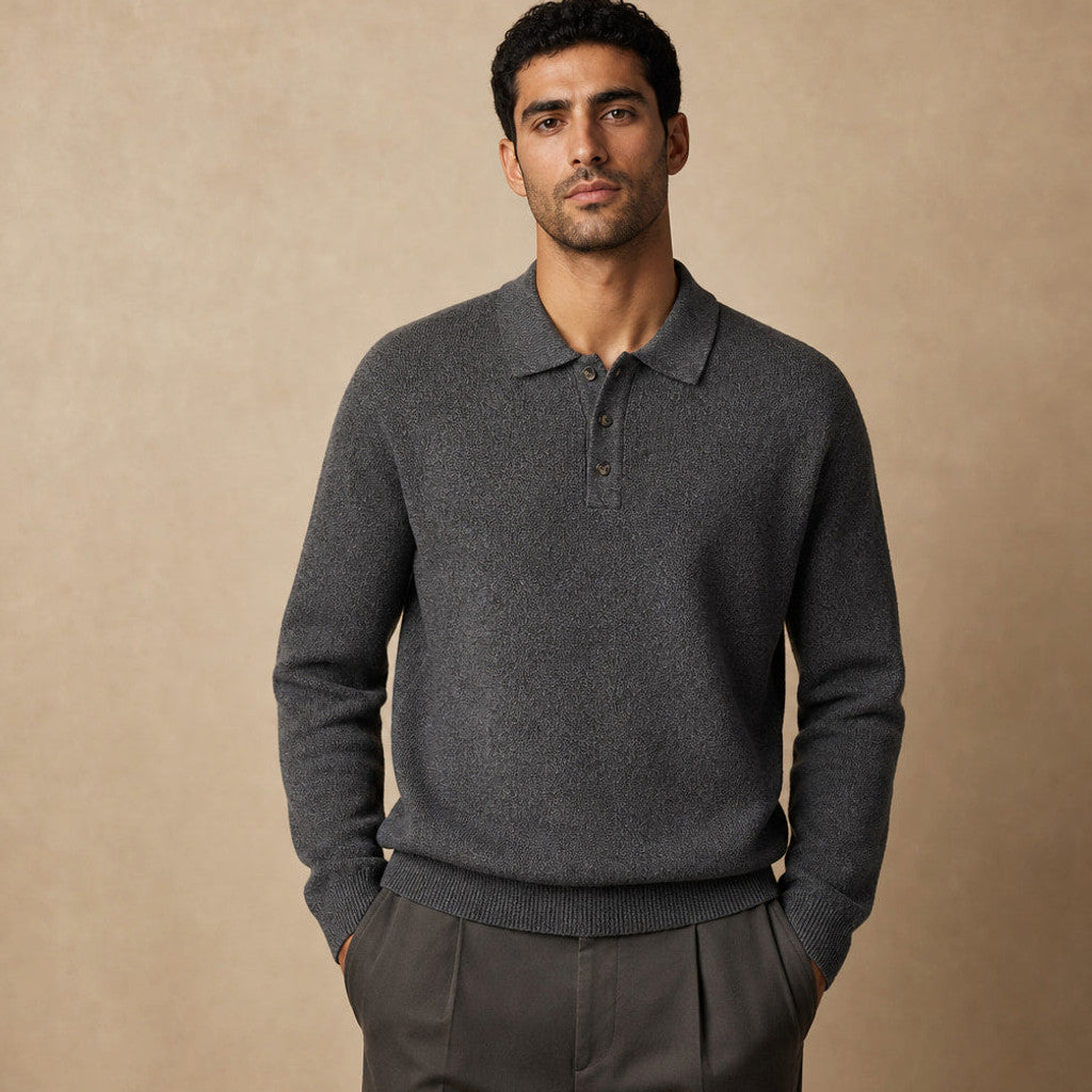 Mordecai | Knit Polo Shirt Long Sleeve in Dark Gray – Premium Editorial