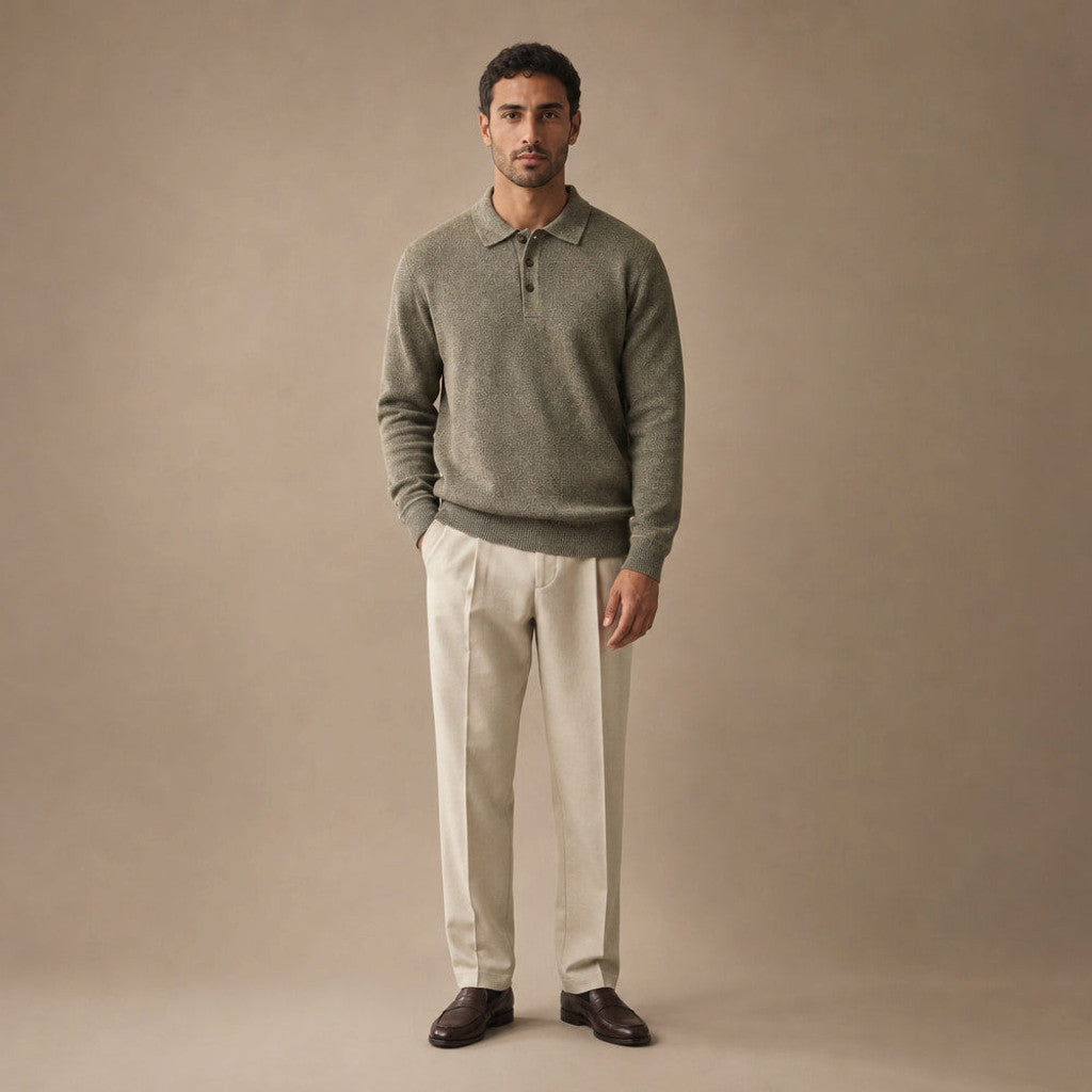 Mordecai | Knit Polo Shirt Long Sleeve Olive – Full Look