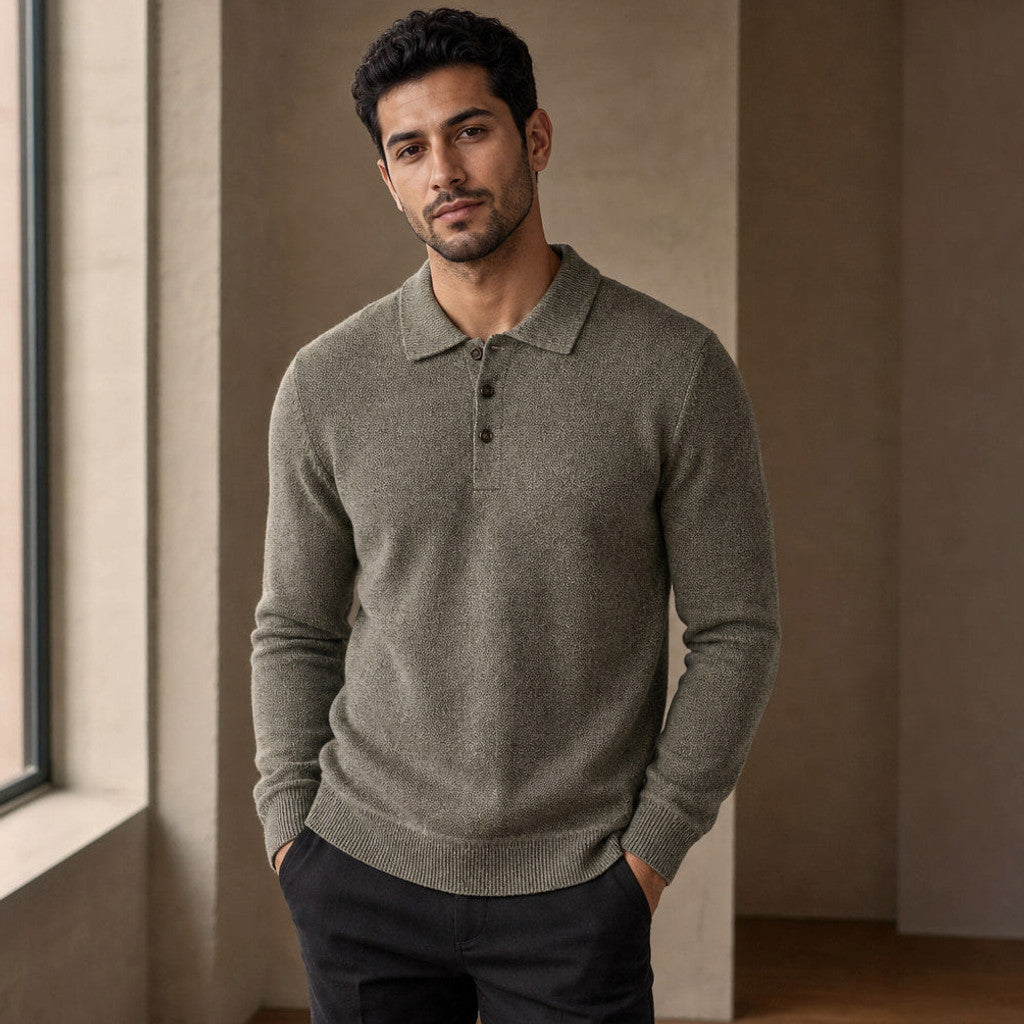 Mordecai | Knit Polo Shirt Long Sleeve Olive – Styled Editorial Shot