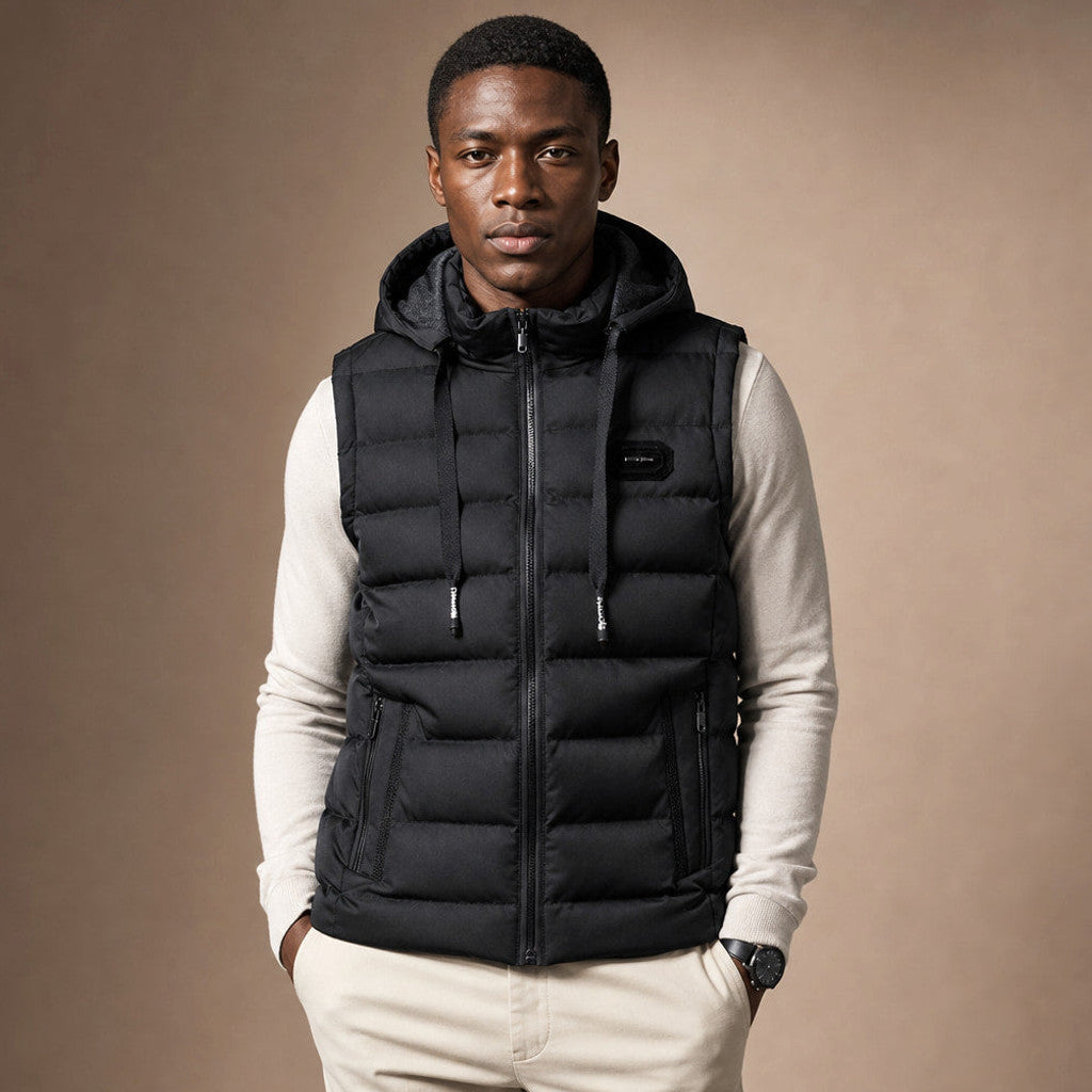 Mordry | Quilted Waistcoat Detachable Hood in Black – Premium Editorial