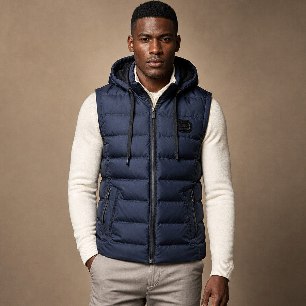 Mordry | Quilted Waistcoat Detachable Hood in Blue – Premium Editorial