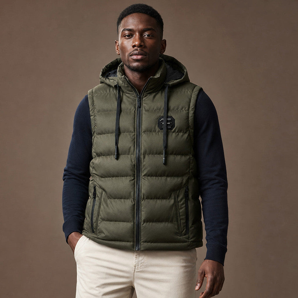 Mordry | Quilted Waistcoat Detachable Hood in Green – Premium Editorial