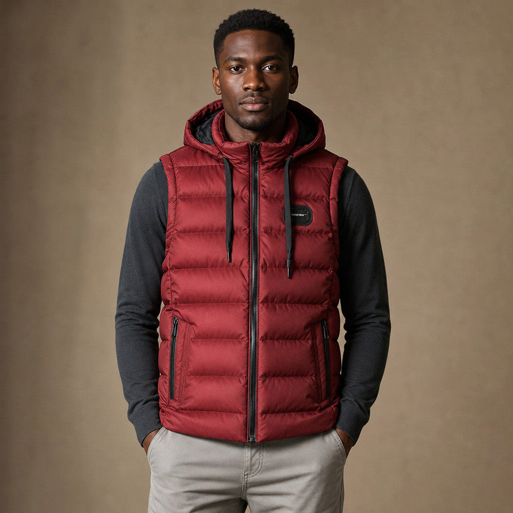 Mordry | Quilted Waistcoat Detachable Hood in Red – Premium Editorial