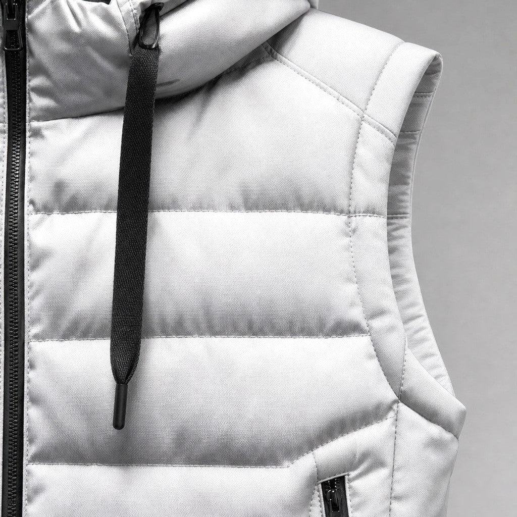 Mordry | Quilted Waistcoat Detachable Hood White – Fabric and Detail Close-Up