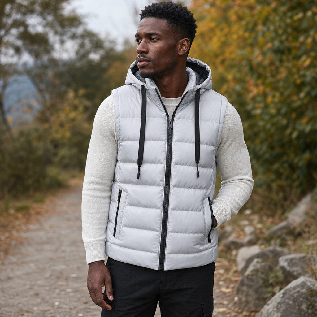 Mordry | Quilted Waistcoat Detachable Hood White – Styled Editorial Shot