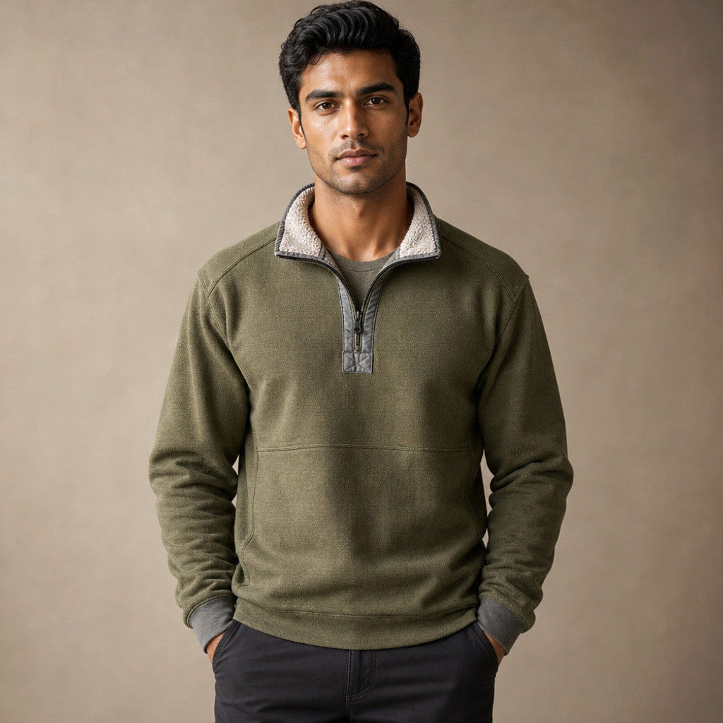 Morton | Quarter Zip Sweater Sherpa Collar in Army Green – Premium Editorial