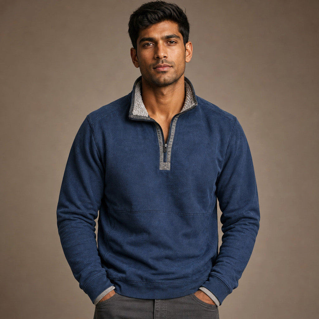 Morton | Quarter Zip Sweater Sherpa Collar in Blue – Premium Editorial