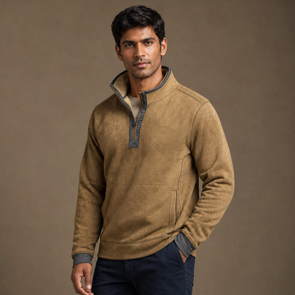 Morton | Quarter Zip Sweater Sherpa Collar Khaki – Side Angle View