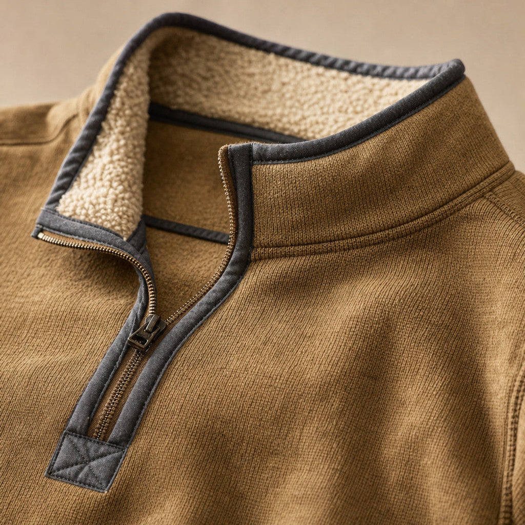 Morton | Quarter Zip Sweater Sherpa Collar Khaki – Fabric and Detail Close-Up