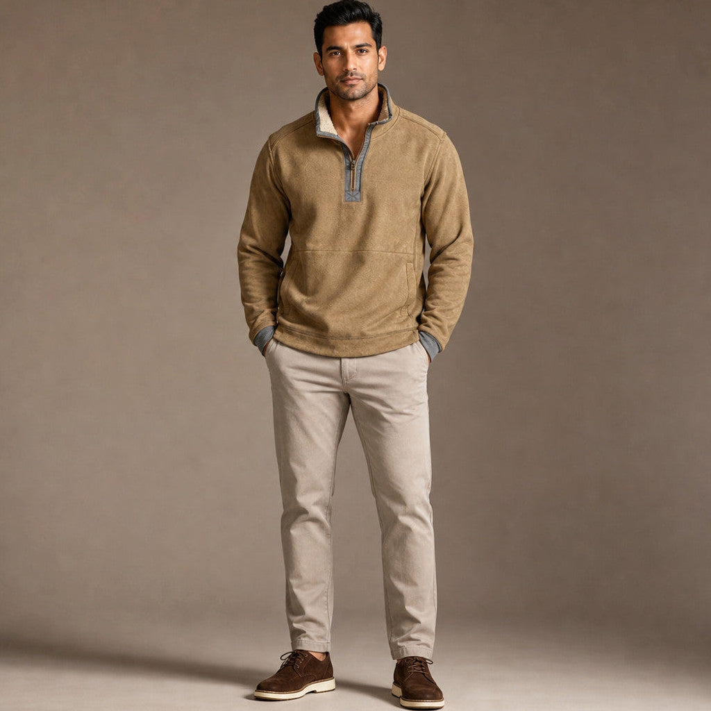 Morton | Quarter Zip Sweater Sherpa Collar Khaki – Full Look