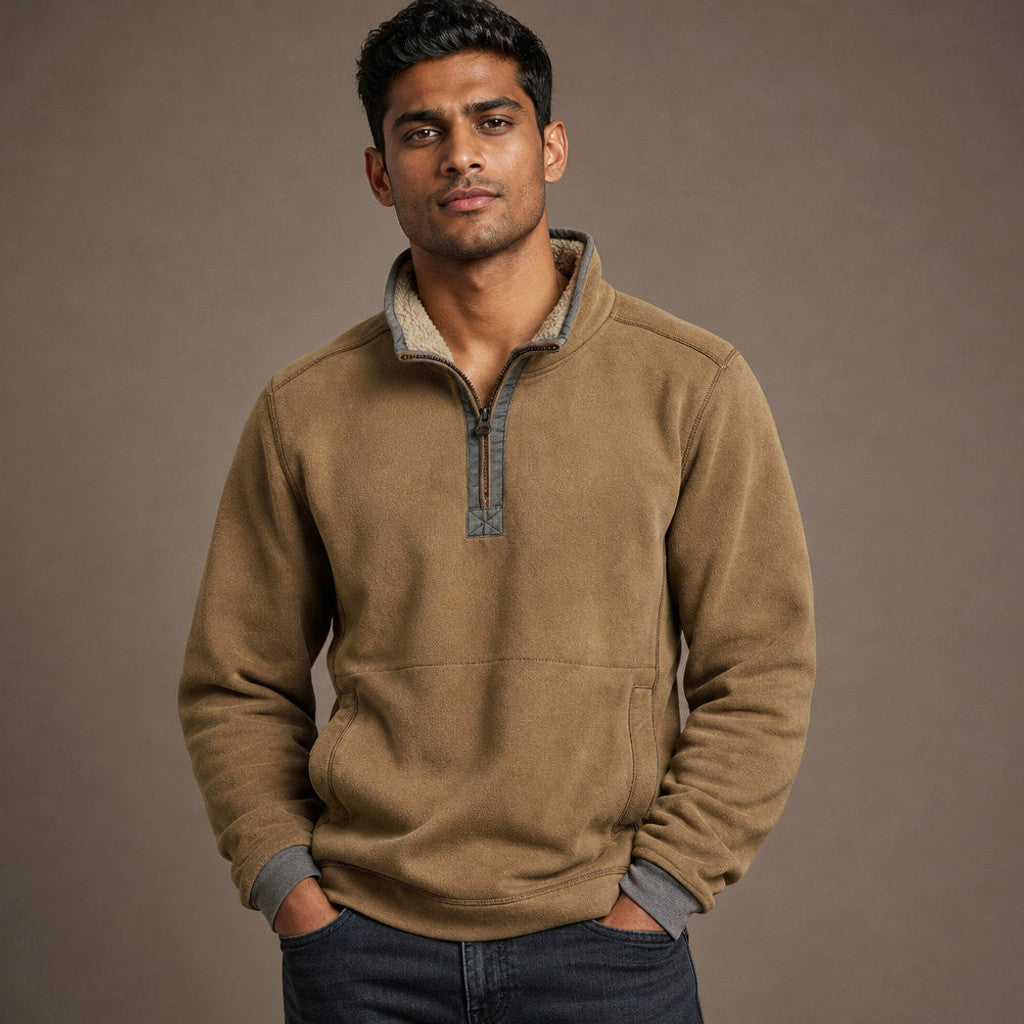 Morton | Quarter Zip Sweater Sherpa Collar in Khaki – Premium Editorial