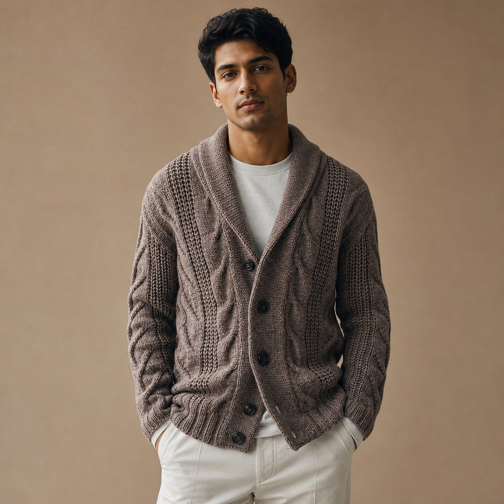 Cable Knit Cardigan Shawl Collar Brown – Product Photo