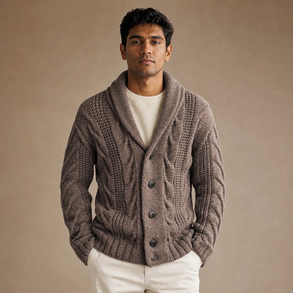 Cable Knit Cardigan Shawl Collar in Brown – Tomosino Premium Menswear