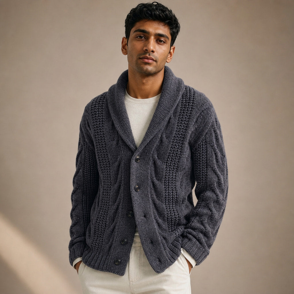 Cable Knit Cardigan Shawl Collar Dark Grey – Product Photo