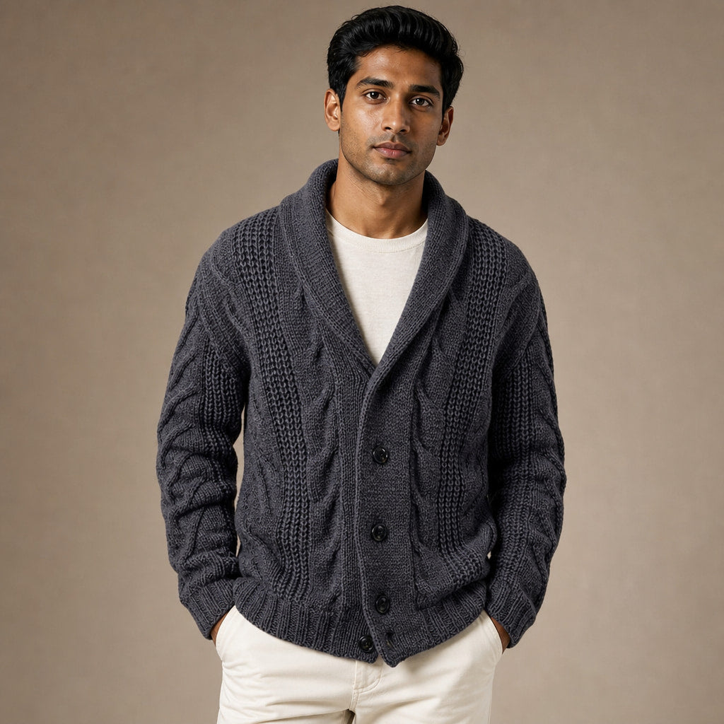 Cable Knit Cardigan Shawl Collar in Dark Grey – Tomosino Premium Menswear