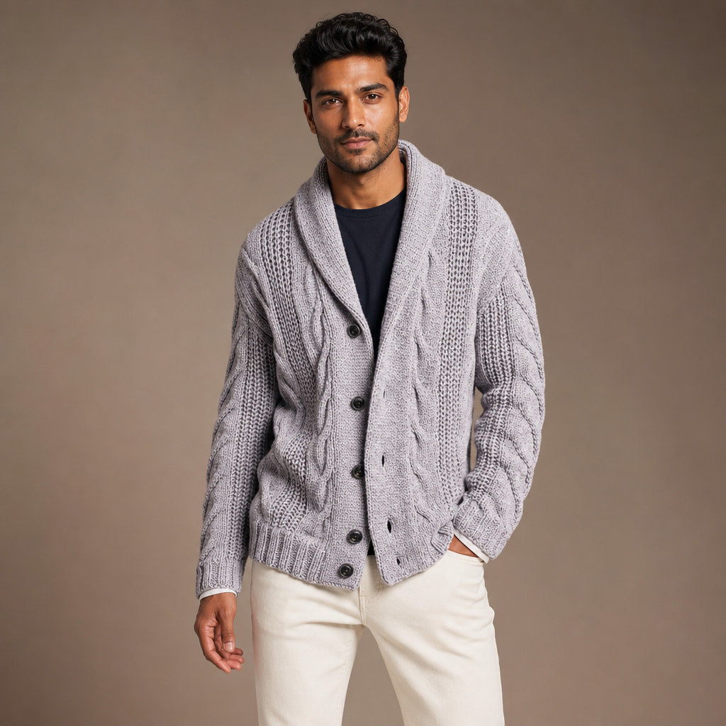 Cable Knit Cardigan Shawl Collar Grey – Product Photo